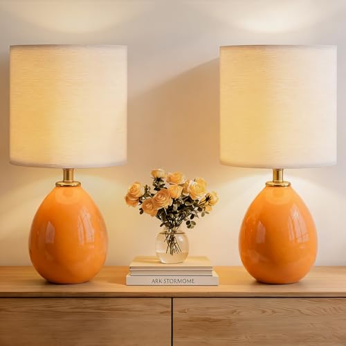 Image of Dawnwake 18.5 inch Table Lamp Set of 2 for Living Room Bedroom, Bedside Lamps for Night Stands, Desk Nightstand Lamp Dimmable, Modern Linen Cream Ceramic Lamps (Orange)