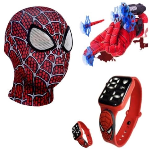 SMACTUDO, Máscara,luva lança-dardos e relógio infantil Homem-Aranha_E