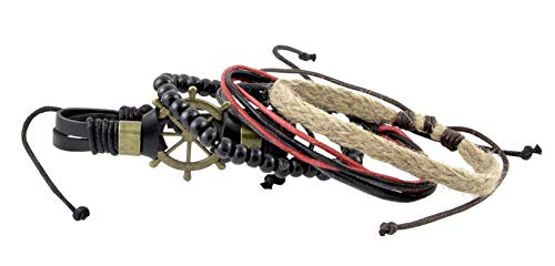 Image of ZIVOM Leather Handcrafted Wood Tibetan Vintage Thread Stackable Multi-strand Wrist Band Bracelet Combo Pack Of 2 Boys Men's