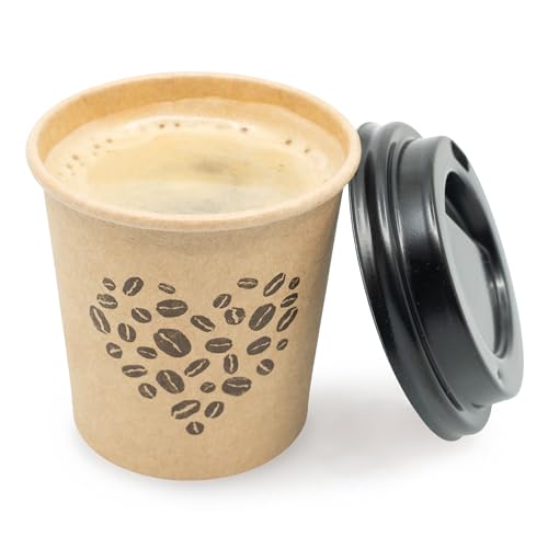 ECODESIGN-US Disposable Espresso Cups with Lids - 4 Oz - 50 Sets - Kraft Coffee Print - Small To Go Paper Cups with Tops for Home Office or Party