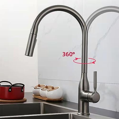 Współczesna bateria kuchenna z czarnego mosiądzu, pojedynczy uchwyt, opryskiwacz wysuwany 360°, obrotowa wylewka, montaż na blacie, łatwa instalacja z pojedynczym otworem do nowoczesnych kuchni