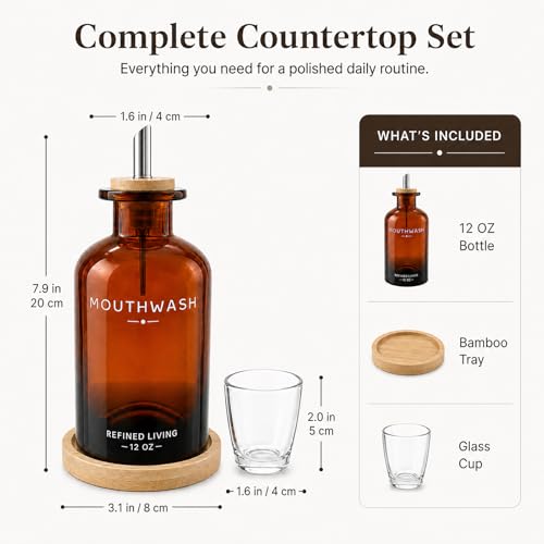 Image of Mouthwash Dispenser for Bathroom, 12 OZ Refillable Glass Mouthwash Bottle with Cup and Bamboo Tray, Decorative Mouth Wash Dispenser Set for Bathroom (Amber)