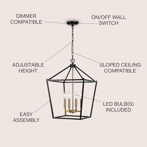 Image of JONATHAN Y Pagoda 4-Light Pendant 16 inch Cage, Oil Rubbed Bronze /Brass Gold | Traditional Metal Farmhouse Hanging Lantern Ceiling Fixture, Adjustable Chain Link, For Kitchen Island, LED Bulb Included