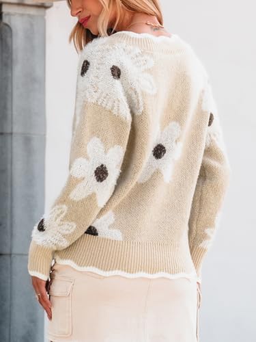 Image of CUPSHE Sweaters for Women Long Sleeve Pullover Knit Tops | Floral Scalloped V Neck Pullover Sweaters, Soft and Cozy Fabrics, Relaxed Fit, Fall Clothes, Winter Clothing, Cute Fashion