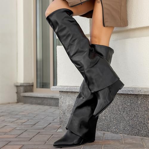 Image of Fold Over Boots Women's Knee High Shark Boots Round Toe Wedge Heel Flat Shoes for Fall Winter Dress Shoes