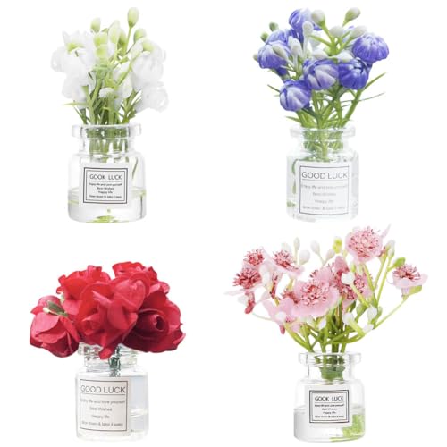 Set of 4 Cute Mini Rose Flower Vase Car Dashboard Decorations Self-Adhesive Mini Vase with Artificial Flowers Ornaments Car Interior Accessories,Jasmine+Cherry Blossom+Rose+Lavender