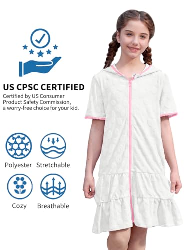 Image of BesserBay Girls Summer Beach Quick Dry Cover Up Ruffle Hem Terry Smocked Hooded 4-14 Years with Pockets