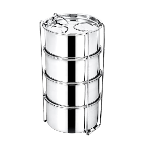 Image of Wilson Hot & Cold Thermo Steel Set of 4 Compartment 1200ml | Mirror Finish Leakproof Lunch Box /Tiffin with Lid Long-Lasting Ideal for Office with Easy to Carry Strip