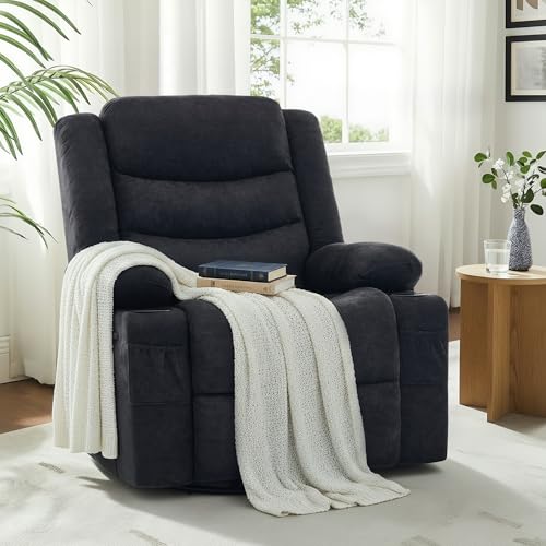Image of Swivel Rocker Recliner Chair, Manual Recliner Single Sofa with Cup Holders, Chenille Fabric, Modern Nursery Rocking Chair with Side Pocket for Living Room, Apartment, Black