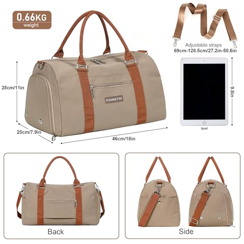 FIORETTO Womens Gym Tote Duffle Weekender Bag with Wet Pocket & Shoe Compartment, Ideal for Travel, Swimming, Dance, Khaki3