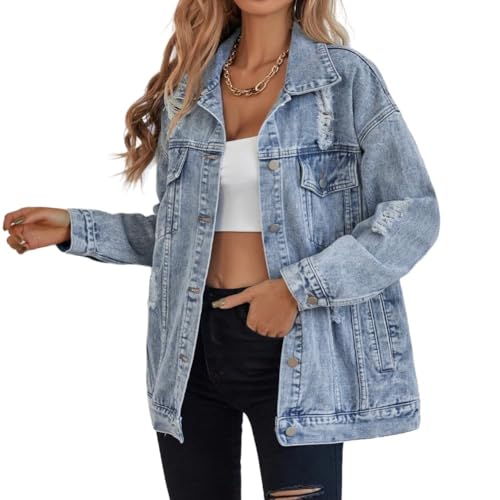 Oversize Denim Jacket for Women Ripped Jean Jacket Boyfriend Long Sleeve Trucker Coat