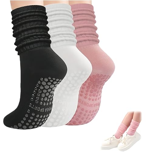 Anti Slip Yoga Socks for Women Long Cuff Non Slip Pilates Socks 3 Pairs Soft and Comfortable Grip Socks Ideal for Yoga Ballet Practice Hospital Slippers Fitness and Relaxation (Pink White Black)