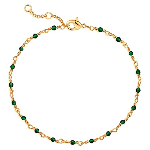 MEVECCO Dainty Gold Beads Bracelets,18K Gold Plated Handmade Cute Emerald Zircon Bead Chain Minimalist Bracelet for Women Jewelry Gifts