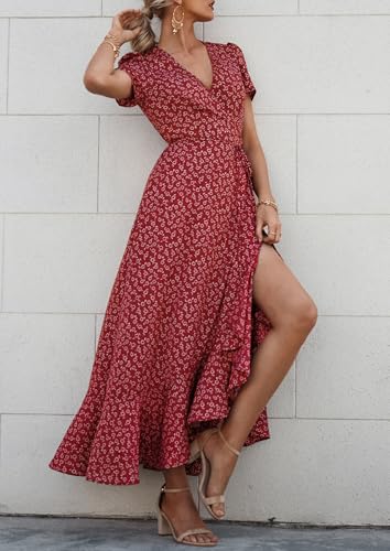 Image of PRETTYGARDEN Women's Summer Wrap Maxi Dress Casual Boho Floral V Neck Short Sleeve Ruffle Hem Split Beach Long Dresses