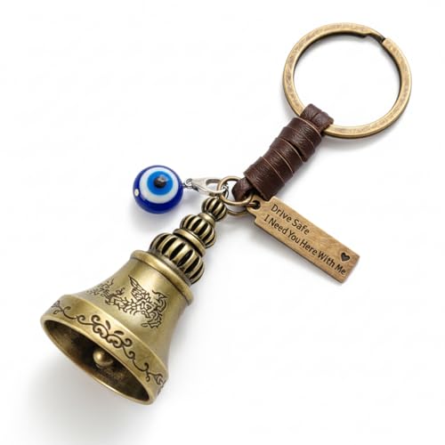 Image of Guardian Bell For Bike Keychain with Leather Strap & Evil Eye Charm | Drive Safe I Need You Here With Me Tag | Antique Brass Lucky Bell Keyring for Bike Car Scooter | Gift for Men Riders