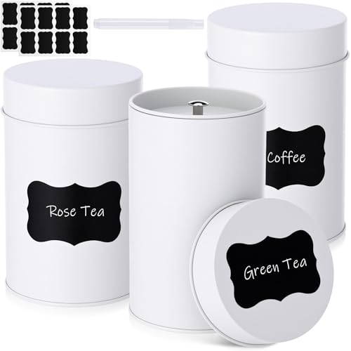 Tanlade 3 Pcs Tea Tin Canister with Airtight Double Lids, 14 oz Tea Containers with 1 Erasable Chalk Marker and 16 Stickers Tin Can Box for Loose Leaf Coffee Sugar Candy Spices
