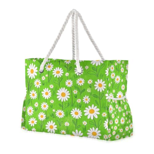 Lovely Daisy Floral Green White Sandproof Beach Bags Sandproof with side pocketes Sport Weekender Travel Essentials Beach Birthday for Women