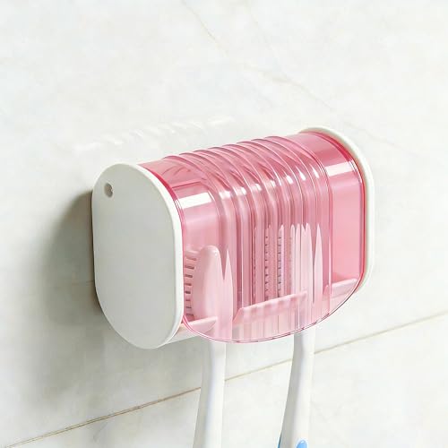 1 Pack Toothbrush Holder Wall Mounted with Cover for Bathroom 2 Slots Toothbrush Storage Organizer for Shower Self Adhesive Toothbrush Hanger (Pink)