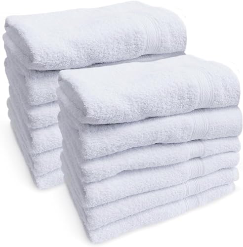 Towels N More 100% RS CottonLoops Bath Towels 22x44 Hotel-Spa-Salon-Gym-Bathroom - Highly Absorbent Towels - White - 22x44 Inch (12)