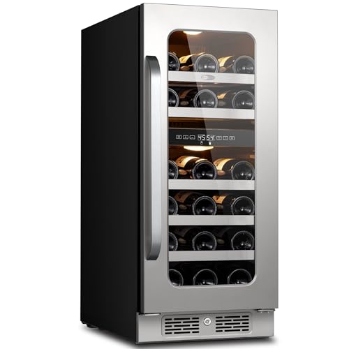 Image of 15 inch Wine Fridge Cooler 29 Bottles Dual Zone Wine Refrigerator Under Counter with Glass Door 3 LED Built-in or Freestanding Fridge Adjustable Shelves for Home Bar Kitchen 3.0 cu.ft
