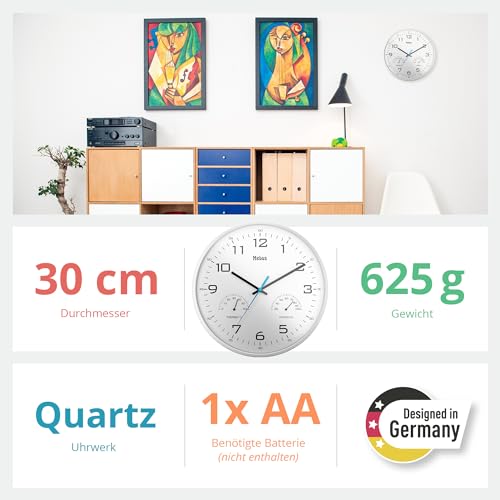 Mebus Analogue Quartz Wall Clock with Thermometer and Hygrometer in White, 16181, 30 cm Diameter - Image 4