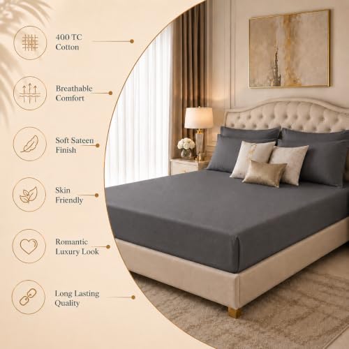 Image of LINENWALAS 100% Cotton Fitted Bedsheet, 400tc Long Staple Imported Egyptian Cotton, Premium Bed Sheet with Pillowcase for Single Bed All-Around Elastic for 4-8 Inch Mattresses (36 inch x78 inch, Dark Grey)