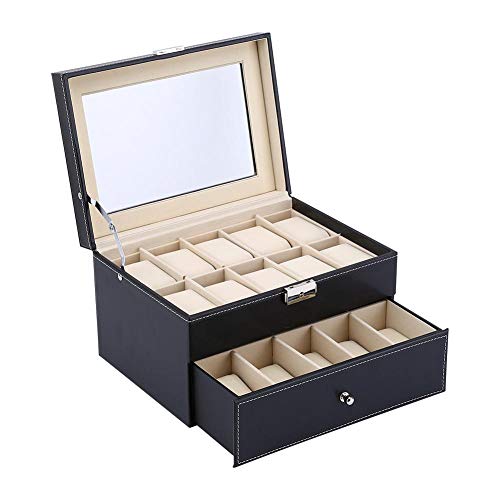 Caja de Reloj con Tapa de 20 Rejillas, 2 Capas Relojes de Hombre Vitrina Joyero Gemelos Caja de Almacenamiento Caja de Pulsera Bandeja de Cuero de imitación, Negro