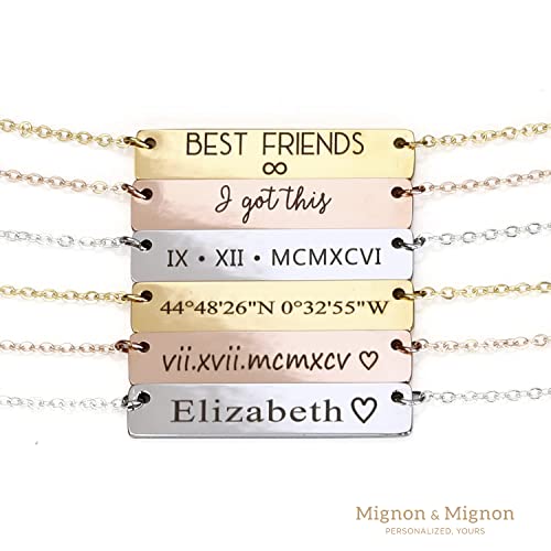 MignonandMignon Custom Engraved Name Bar Necklace, Personalized Jewelry for Women, Coordinates, Names, Dates, Bridesmaid, Engagement, Gift for Her – 4N3