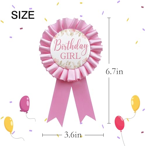 Birthday Girl Tinplate Badge Pin, Happy Birthday Pink Leaves Pattern Pink Corsage Button for Women Girl Birthday Award Ribbon Party Decorations2