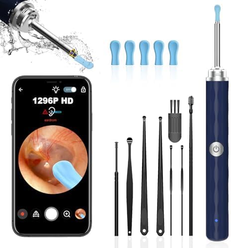 Ear Wax Removal Tool Camera, (1296P) Ear Cleaner with Light and Camera Ear Wax Cleaner with 8 pcs Ear Set, Earwax Removal Kit Compatible with iPhones, iPad, Android Phones, Blue…