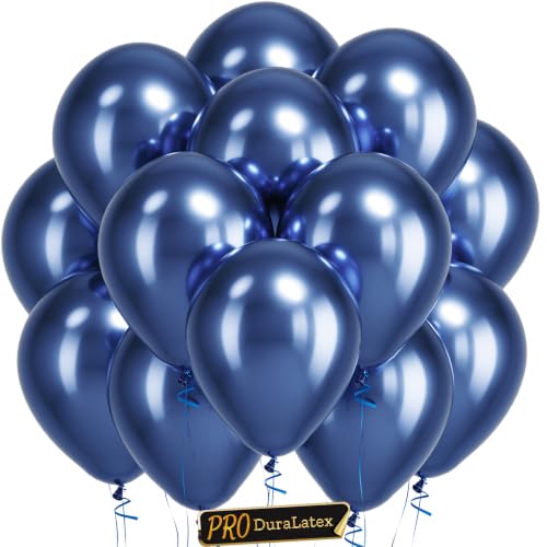 Image of Bezente Pro Duralatex Metallic Navy Blue Balloons - 100 Pack 12 inch Extra-Thick Chrome Navy Blue Balloons for Graduation Wedding Birthday Gender Reveal Carnival Party Decorations