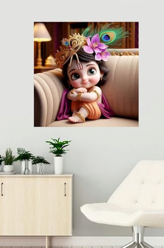 Image of Akki Wold Mukut,Feather,Flower Kanha On Soffa Wall Poster For Living Room, Office, Pooja Room (Size - 41CM X 41CM)