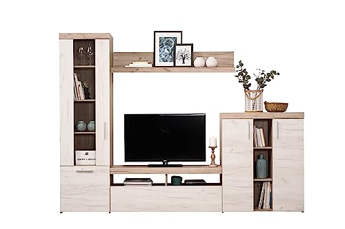 AVANTI TRENDSTORE Cinzano - Parete attrezzata in legno laminato nel colore quercia grigio/quercia bianco con tanto spazio di archiviazione. Misure LxAxP 262x195x35 cm