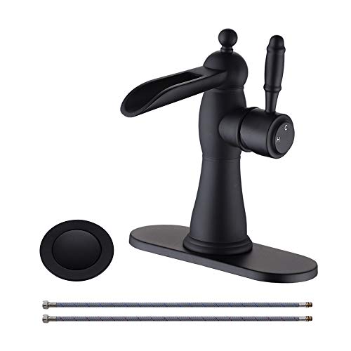 Black Friday 🔥 Mejor Solid Brass Single-Handle Waterfull Bathroom Faucet,Lavatory Faucet with 4 inches Deck Plate,CUPC Water Lines and Metal pop-up Drain with Overflow,Matte Black,ME2535P-MB