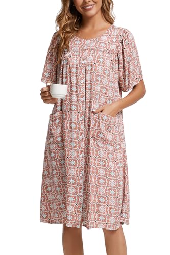 Image of COSUNIONY House Dresses for Women Cotton Short Sleeve House Coat Buttons Down Dusters Robe with Pockets S-XXL