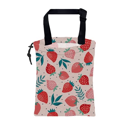Image of Car Garbage Bag Strawberry Berries and Leaves Hanging Canvas Car Trash Bag Waterproof Drawstring Car Back Seat Organizer for Car Back Front Seat Console with Adjustable Buckle