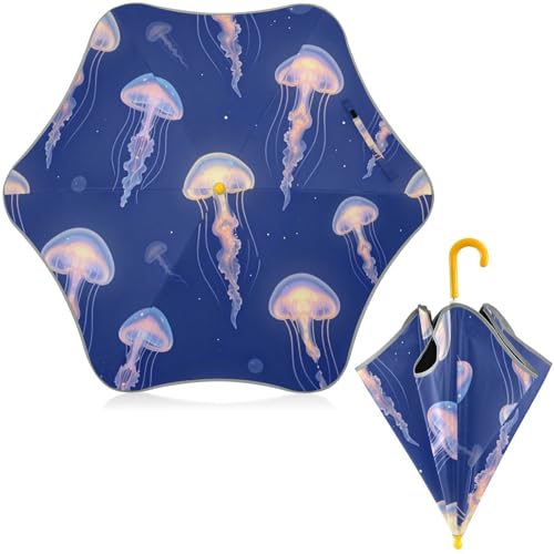 Paraguas para niños de 3 a 8 años azul con medusas para viento y sol con reflectante