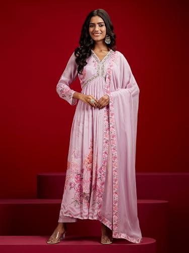 Image of Libas Womens Woven Design Silk Blend Straight Kurta With Trousers and Dupatta | daily wear suit