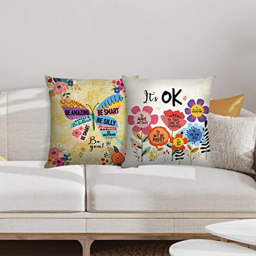 Littlefa Colorful Butterfly It's Ok Inspirational Quotes Throw Pillow Cover,Cushion Case For Girls Women Sofa Couch Bed Bedroom Decor, Inspirational Gifts For Girls Women Friends 18" X 18" Set Of 2 #TOP2