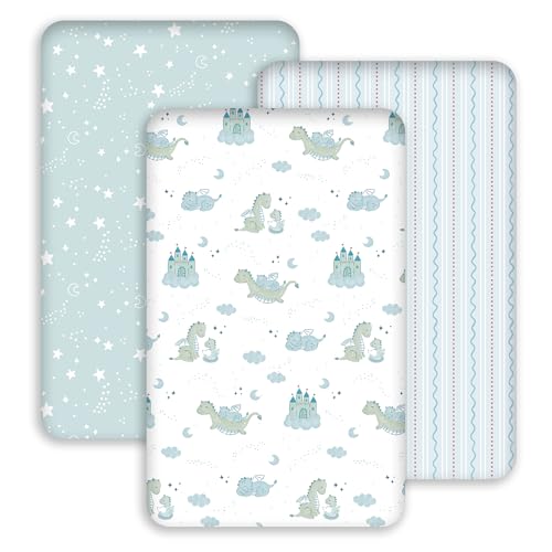 Image of Baby Bassinet Sheets 33x20 for Baby Delight, Newton,Airclub,Maxi Cosi,Angelbliss,Dream on Me,Mika,Harppa,Amke,ezebaby Rectangle Bassinet Mattress - Blue Dinosaur 3 Pack Boy