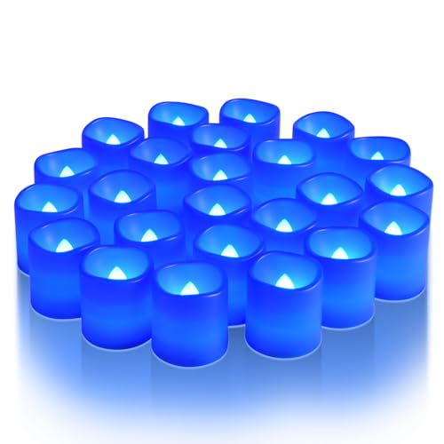 Image of Homemory 24Pack Blue Flickering Flameless Votive Candles, 200+Hour Electric Fake Candles, Battery Operated LED Tealight for Wedding, Outdoor, Table, Festival (Warm White,Battery Included)