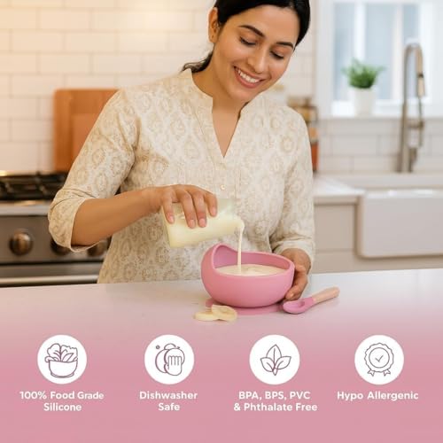 Image of Coofandy Silicone Baby Feeding Bowl with Wooden Handle Spoon,BPA-Free, Non-Slip Baby Feeding Bowl for Self-Feeding, Unbreakable Silicone Non-Slip Suction, Microwave & Dishwasher Safe,(Pink)