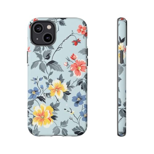 Coque rigide mate iPhone 14 Plus motif floral vintage bleu pastel