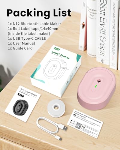 Image of N12 Label Maker Machine with 1 Tape Bluetooth Label Printer, Pink | Portable Mini Label Machine with waterproof label Tape, Creative Templates for School,Home,Kitchen,Office Oragnization