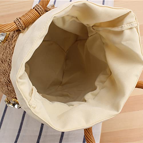 Juoxeepy Straw Bucket Bag Wicker Handbag For Women Rattan Tote Bag With Rhinestone Summer Beach Bag Drawstring Top Handle Bag For Beach Vocation #TOP1