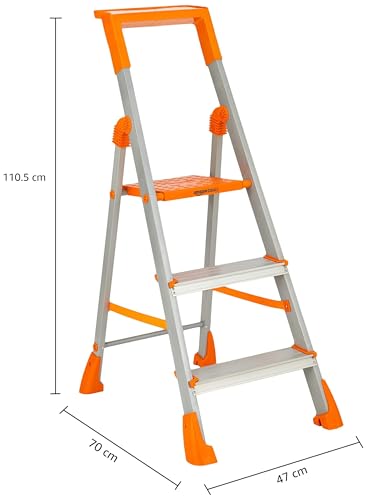 Image of Amazon Basics Clamber Pro+ - Foldable Step Ladder with Tool Tray, Firm Grip, 3 Steps (Aluminium Steps, Orange & Satin)