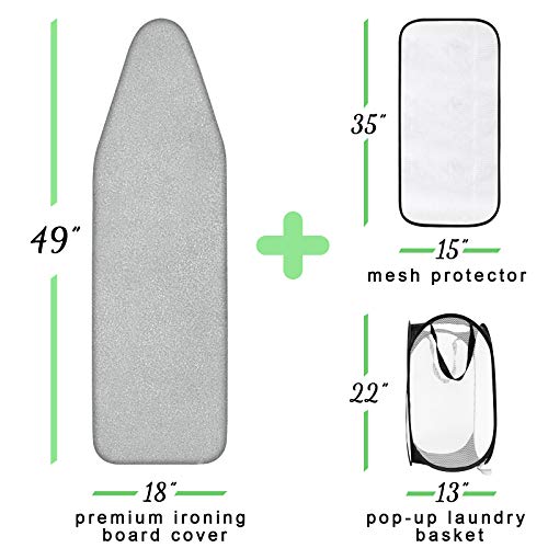 Seiritex Silicone Ironing Board Cover with Elastic Edge Scorch and Stain Resistant Cotton Thick Padding 18" x 49" Ironing Board Cover and Pad 1 Pop-up Laundry Basket and 1 Protective Scorch Mesh Cloth