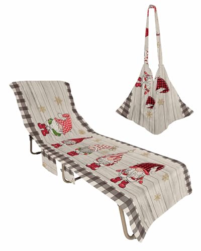 Christmas Tree Beach Chair Towel Covers for Chaise Lounge with Side Pocket, Soft Plush Pool Towels Cover for Patio Sunbathing Outdoor 29''x85'' Retro Farmhosue Wood Buffalo Plaid