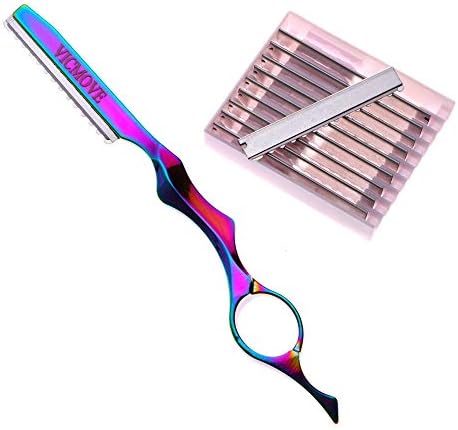 Professional Hair Styling Thinning Texturizing Cutting Feather Razor + 10 Replacement Blades Stainless Steel Rainbow Color