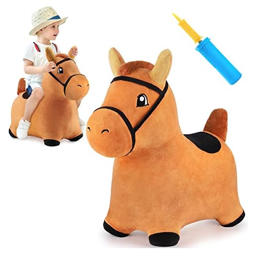 iPlay, iLearn Brown Hopping Horse Activity Toy, Outdoors Ride on Bouncy Animal Play Toys, Inflatable Hopper Plush Covered with Pump, Jumping Gifts for 3, 4, 5 Year Olds, Kids Toddlers Boys Girls